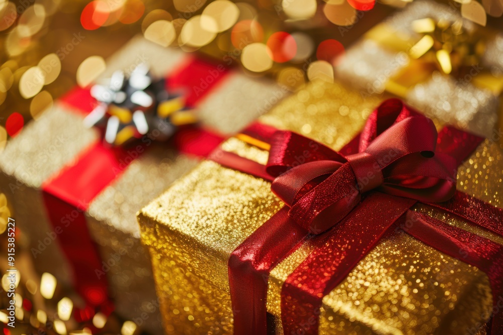 Christmas Presents with Red Ribbons and Bokeh Lights: A Cozy and Festive Holiday Display with Seasonal Charm Christmas Presents with Red Ribbons and Bokeh Lights: A Cozy and Festive Holiday Display with Seasonal Charm