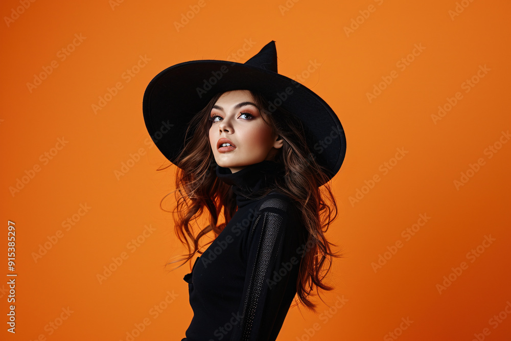 woman in black hat of witch costume woman in black hat of witch costume