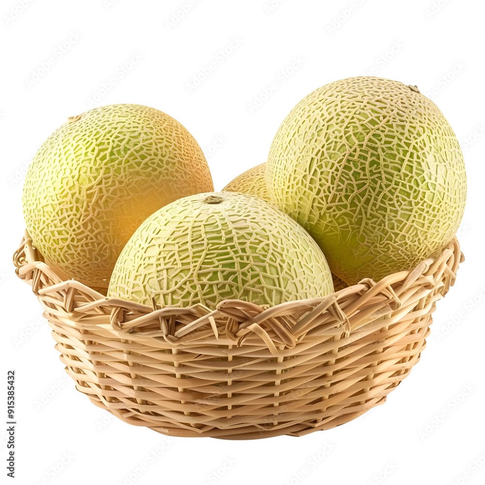 Honeydew melons, In a cute woven basket, photograph, studio toning, 4k, single object, isolated on white background. Honeydew melons, In a cute woven basket, photograph, studio toning, 4k, single object, isolated on white background.