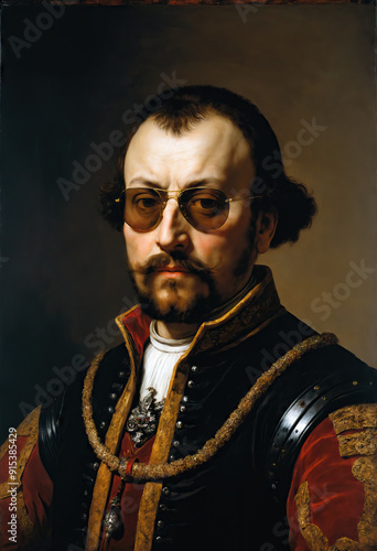 Renaissance-style painting portrait of a count in royal attire wearing sunglasses, Generative AI