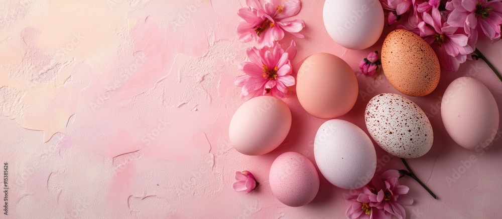 Eggs in a white ceramic holder and flowers against a pink background Mockup Spring Happy Easter holiday card Top view. with copy space image. Place for adding text or design