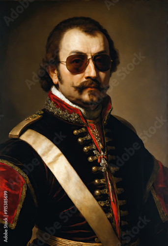 Renaissance-style painting portrait of a count in royal attire wearing sunglasses, Generative AI