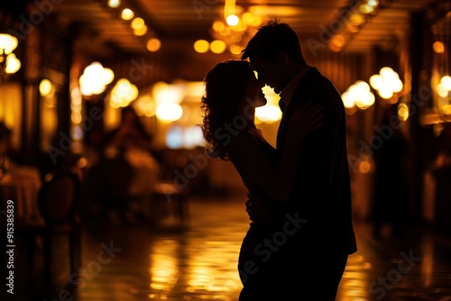 Silhouette of a couple in love under warm lights.