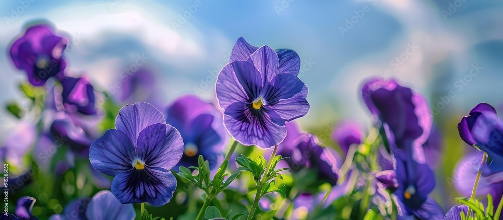 Close up of a group of violet flowers against the sky. with copy space image. Place for adding text or design Close up of a group of violet flowers against the sky. with copy space image. Place for adding text or design