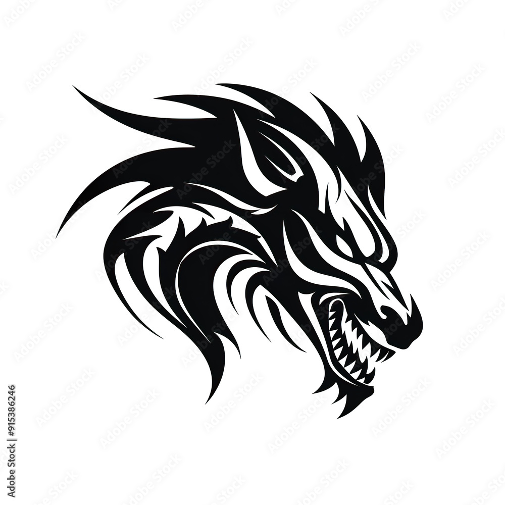 Fototapeta premium A Stylized Black and White Wolf Head with Sharp Teeth and Ferocious Expression.