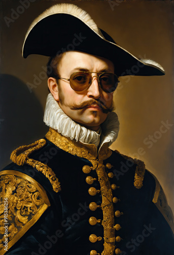 Renaissance-style painting portrait of a count in royal attire wearing sunglasses, Generative AI