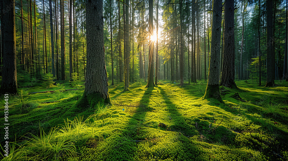The view of forest with sunrise between the tree The view of forest with sunrise between the tree