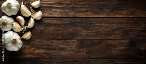 garlic on a dark brown wood...