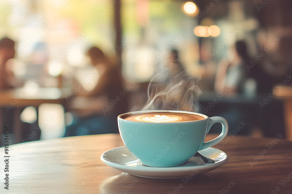 Cup of hot coffee on table in cafe with people. vintage and retro color effect - shallow depth of field Cup of hot coffee on table in cafe with people. vintage and retro color effect - shallow depth of field