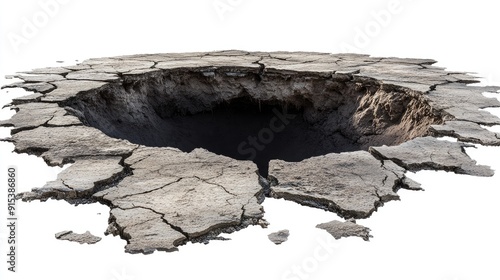 Hole in cracked ground, isolated on a transparent background, adding a sense of drama and realism to digital compositions.