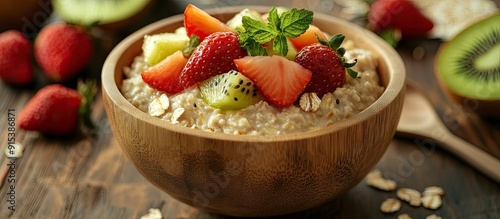 Oatmeal in a wooden bowl is...