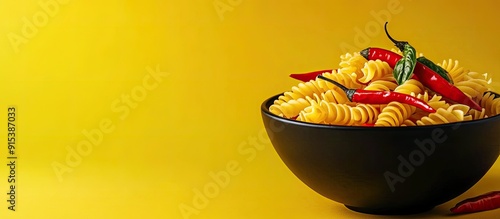 Colorful fusilli pasta dried Italian style with red chili peppers in a black bowl ingredients for preparing vegetarian dishes on a yellow background copyspace