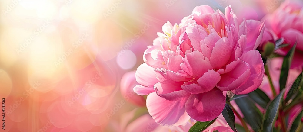 A pink peony blooming in a summer garden. with copy space image. Place for adding text or design A pink peony blooming in a summer garden. with copy space image. Place for adding text or design