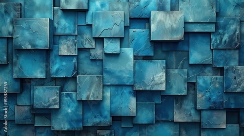 Blue textured wall composed of various tiles arranged in an abstract pattern photo