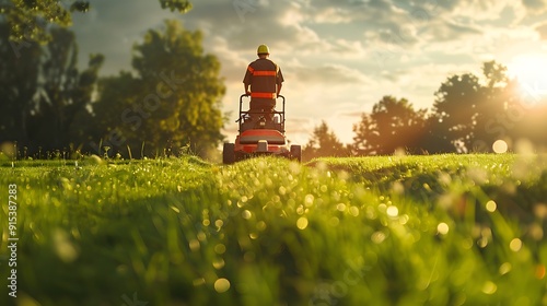 A picturesque scene of a professional landscaper mowing a large lawn with a commercial mower, uniform and equipment visible, lush green grass, sunny sky, detailed and realistic, hd quality,