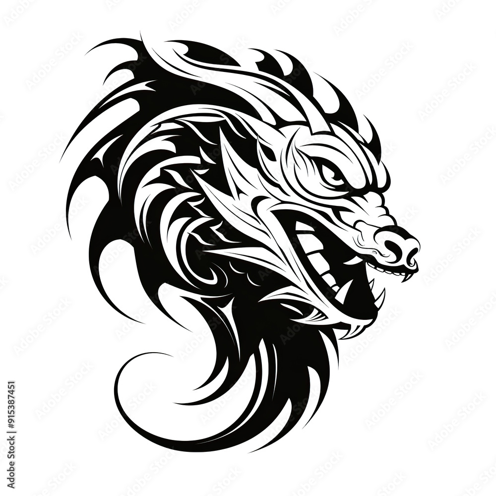 Fototapeta premium Black and White Stylized Dragon Head with Sharp Teeth.