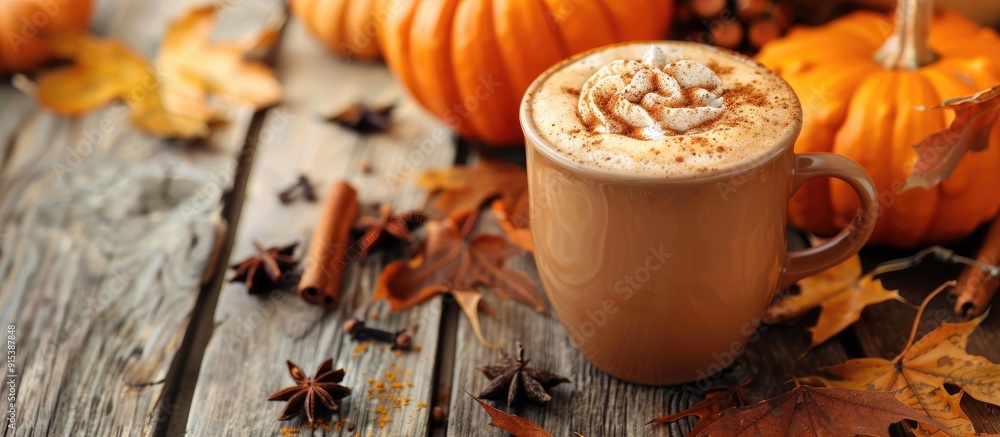 Pumpkin spice latte topped with cinnamon powder and delightful flavors on an aged wooden table adorned with vibrant dried leaves and pumpkins. with copy space image. Place for adding text or design Pumpkin spice latte topped with cinnamon powder and delightful flavors on an aged wooden table adorned with vibrant dried leaves and pumpkins. with copy space image. Place for adding text or design