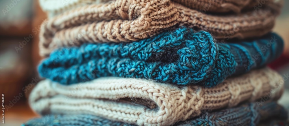 A pile of stacked warm sweaters on a blue wooden surface Room for text. with copy space image. Place for adding text or design A pile of stacked warm sweaters on a blue wooden surface Room for text. with copy space image. Place for adding text or design