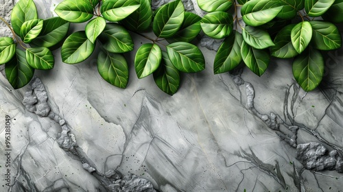 Green leaves arranged on a textured grey stone surface in natural light #915388049