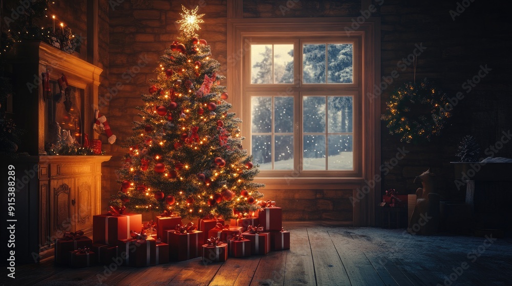 Majestic Christmas tree with beautifully wrapped gift boxes underneath, offering a warm and festive atmosphere, ideal for holiday greetings. Majestic Christmas tree with beautifully wrapped gift boxes underneath, offering a warm and festive atmosphere, ideal for holiday greetings.