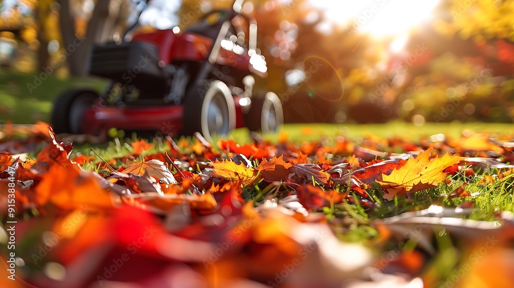 A scenic view of a lawnmower in action on a lawn covered with fallen autumn leaves, vibrant fall colors, green grass peeking through, sunny weather, detailed and vibrant, hd quality, soft focus, A scenic view of a lawnmower in action on a lawn covered with fallen autumn leaves, vibrant fall colors, green grass peeking through, sunny weather, detailed and vibrant, hd quality, soft focus,