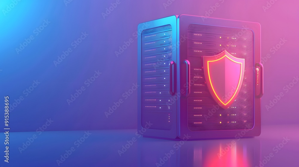 Cybersecurity concept with server rack and shield icon, illustrating ...