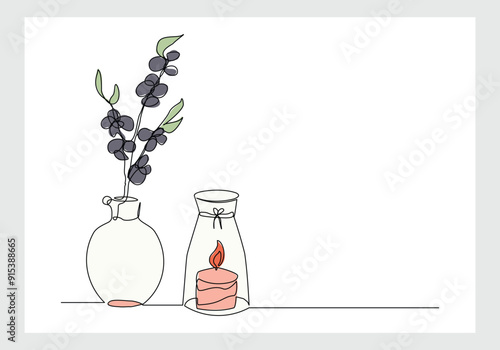 Continuous single line sketch drawing of aromatic spa candle and beautiful flower vase pot. One line art of beautiful home decoration vector illustration