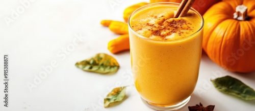 Fototapeta Naklejka Na Ścianę i Meble -  Close up of a healthy pumpkin spice smoothie alongside pumpkins on a white background. with copy space image. Place for adding text or design