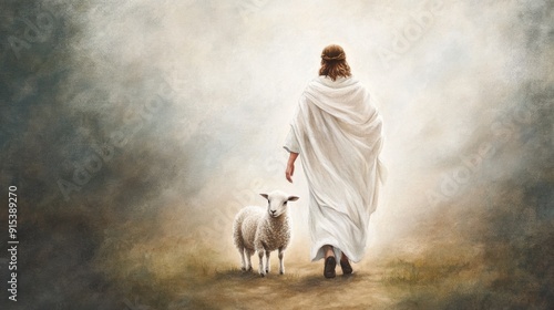 Watercolor painting of Jesus walking with lamb in a tranquil landscape. Harmoniously blending dark white, light beige and green. The scene is rendered in soft pastels and libre with a soft touch.