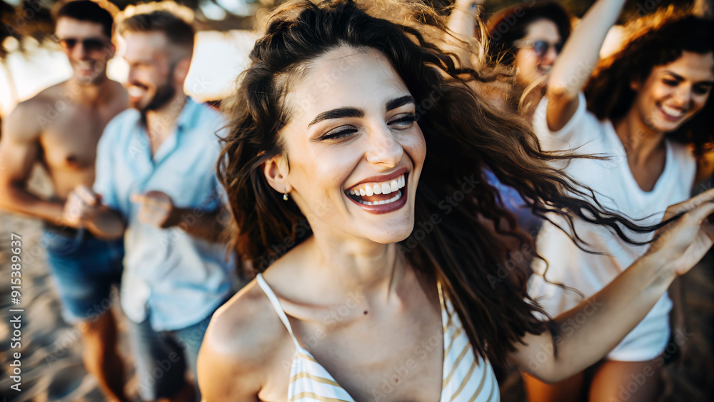Obraz premium Fiesta en la playa. Gente de en una fiesta playera. Reunicón de personas pasándolo bien. Chicas bailando en una fiesta de verano. Mujer bailando con sus amigos.