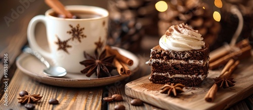 Fototapeta Naklejka Na Ścianę i Meble -  coffee beans accompanied by Christmas decorations spices and cake on a wooden surface. with copy space image. Place for adding text or design