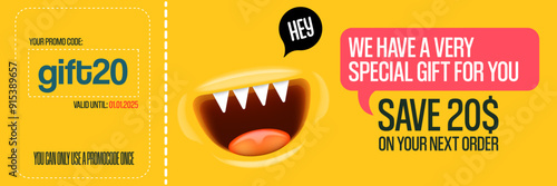 Vector Gift Voucher with Coupon Code And Cute Funny Monster Character. Kawaii Design with Happy Face Emoji. Discount Offer Graphic with Promo Code for restaurant and cafe.