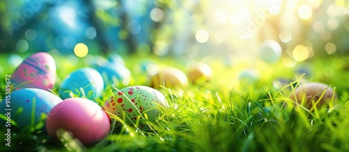 Easter eggs nestled in gree...