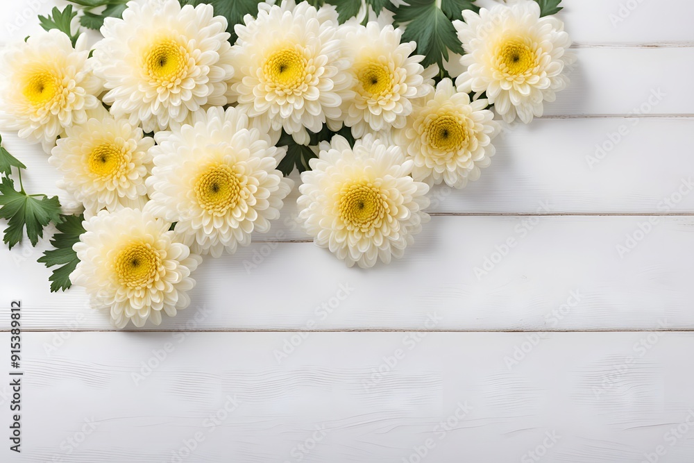 Obraz premium Chrysanthemum flowers on white wooden table, AI Generated