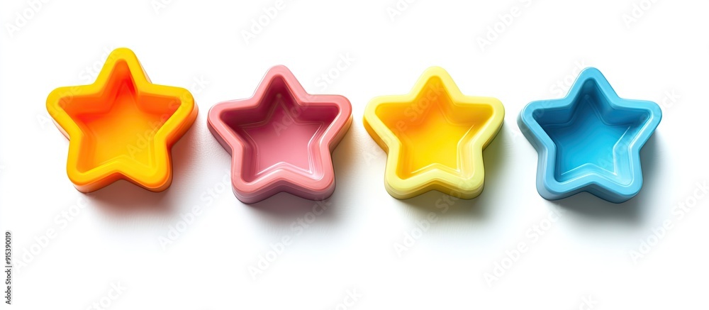 plastic cooking mold shaped like five colorful stars isolated on a white background. with copy space image. Place for adding text or design plastic cooking mold shaped like five colorful stars isolated on a white background. with copy space image. Place for adding text or design
