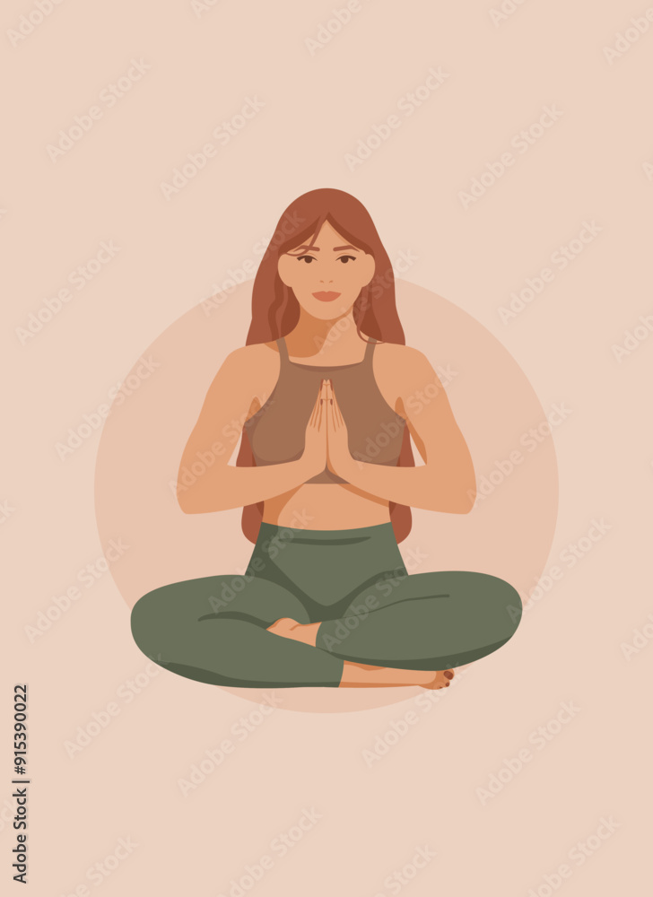 Red-haired woman sitting in lotus pose with the sun in the background. Yoga. Vector illustration. Red-haired woman sitting in lotus pose with the sun in the background. Yoga. Vector illustration.