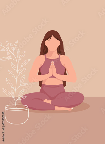 Woman sitting in lotus position practicing yoga. Vector illustration.