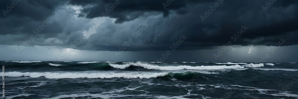 Fototapeta premium Dramatic seascape photograph featuring a turbulent ocean under a stormy sky. The layout is horizontal, capturing the vast expanse of the sea and sky