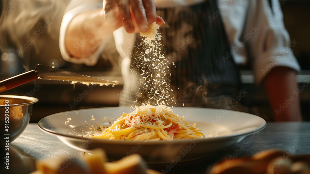 a chef sprinkling freshly grated Parmesan cheese over a plate of spaghetti carbonara, with steam rising from the dish, set in a cozy kitchen environment a chef sprinkling freshly grated Parmesan cheese over a plate of spaghetti carbonara, with steam rising from the dish, set in a cozy kitchen environment