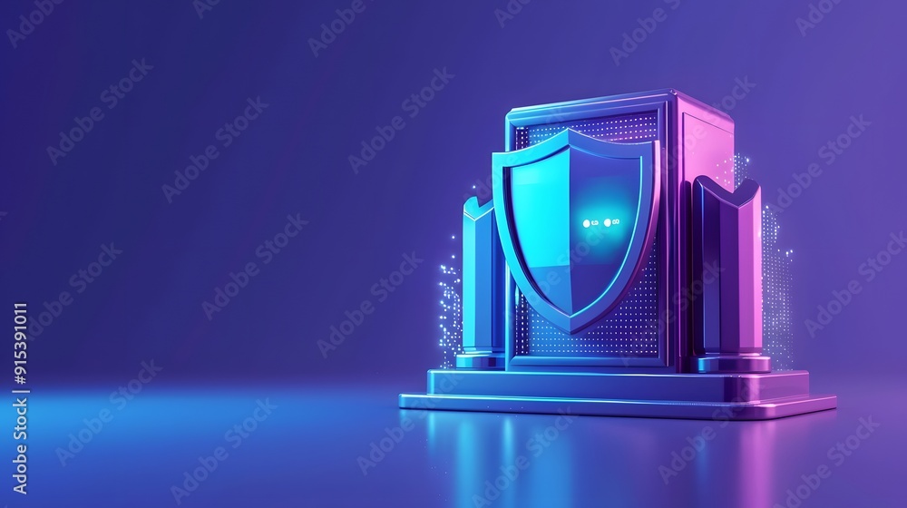 Digital security concept with 3D shield and server on blue background, representing data protection and cyber defense in technology. Digital security concept with 3D shield and server on blue background, representing data protection and cyber defense in technology.