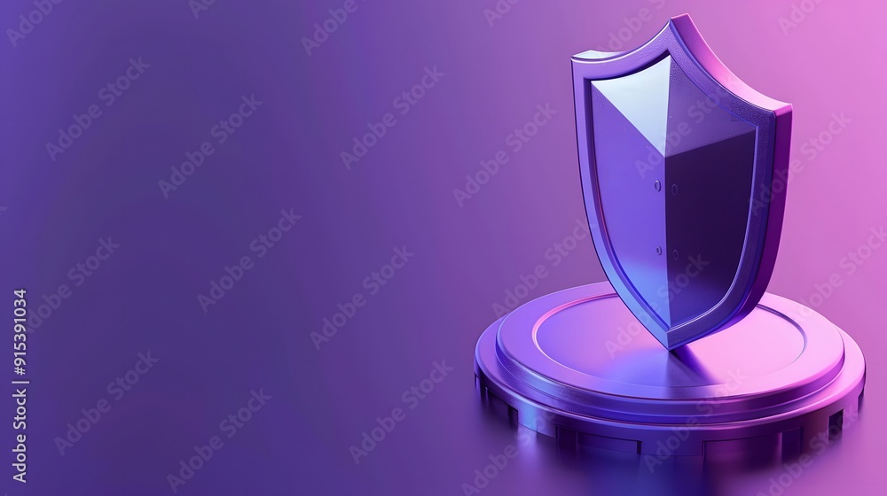 Digital security concept with a 3D shield on a pedestal, representing protection and safety online in a purple-themed background. Digital security concept with a 3D shield on a pedestal, representing protection and safety online in a purple-themed background.