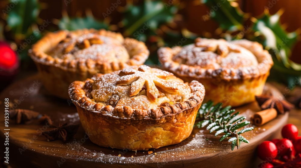 a batch of freshly baked Christmas mince pies, with a golden crust and a dusting of powdered sugar, set on a wooden table with holly and ivy decorations a batch of freshly baked Christmas mince pies, with a golden crust and a dusting of powdered sugar, set on a wooden table with holly and ivy decorations