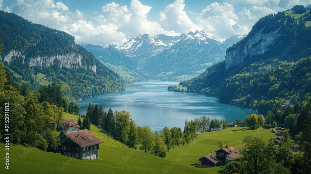 Scenic Swiss countryside with mountains, forests, and rivers, dotted with quaint houses, creating a serene and idyllic landscape. Scenic Swiss countryside with mountains, forests, and rivers, dotted with quaint houses, creating a serene and idyllic landscape.