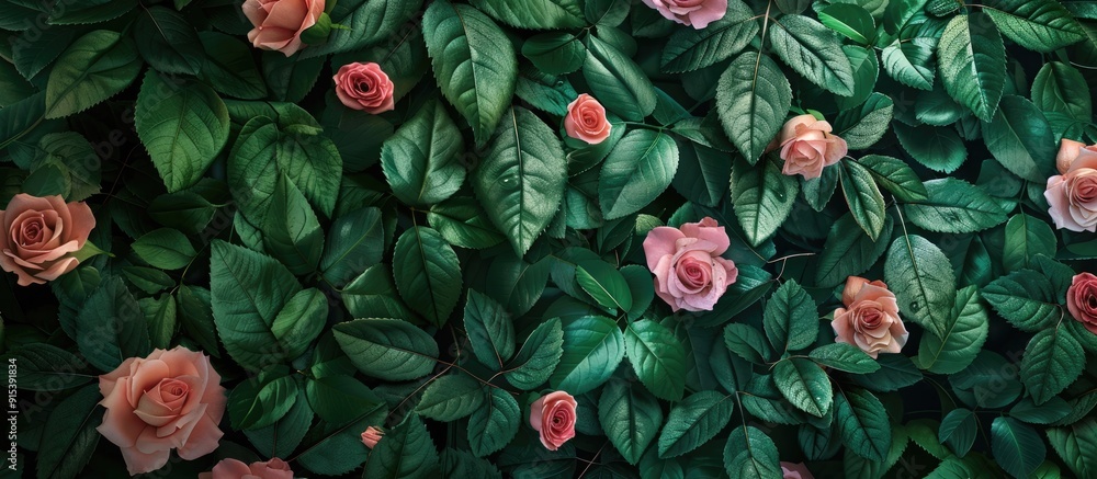 Fototapeta premium Green rose leaves on a pink backdrop Includes copy space for your text