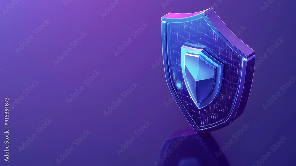 Digital security shield glowing with blue light on a futuristic purple background, representing cybersecurity and data protection. Digital security shield glowing with blue light on a futuristic purple background, representing cybersecurity and data protection.