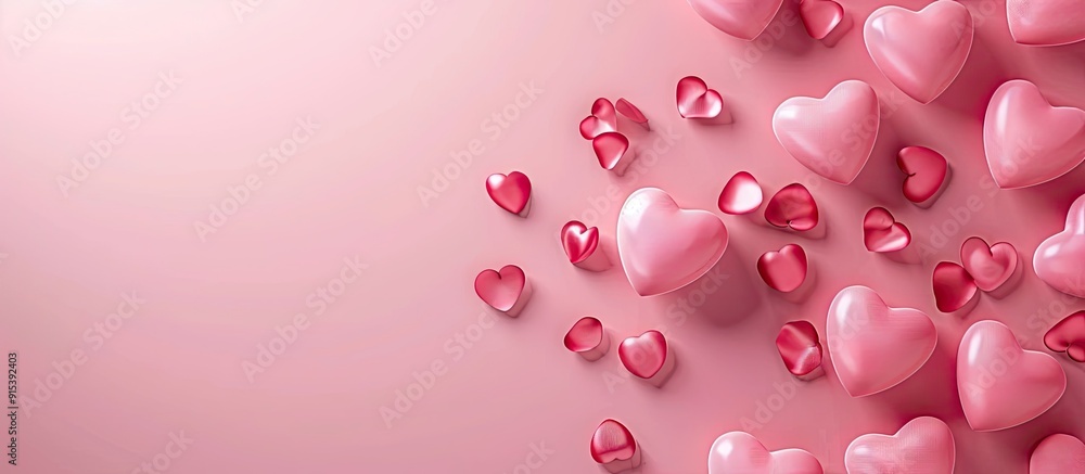 Beautiful Valentine s Day setting red ribbed paper hearts with a flying heart on a soft light pink background copy space frame Love mockup for showcasing cosmetic products goods design card poster or Beautiful Valentine s Day setting red ribbed paper hearts with a flying heart on a soft light pink background copy space frame Love mockup for showcasing cosmetic products goods design card poster or