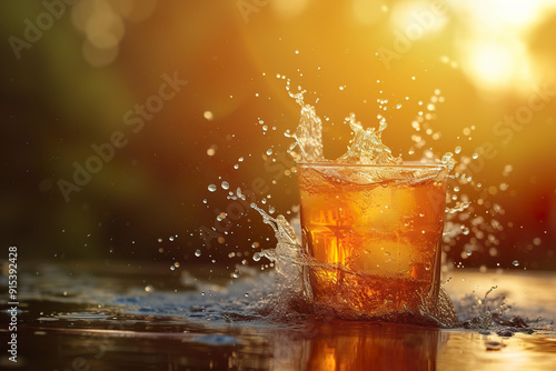 Glass of Refreshing Iced Tea Splashing in Sunlight.