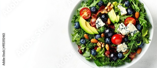 Salad Traditional American or French restaurant salad prepared with kale arugula almonds blueberries walnuts tomatoes bacon blue cheese and avocado dressed with olive oil. with copy space image