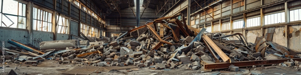 Fototapeta premium Collapsed reinforced concrete and metal sheet roof of an industrial building at the engineering plant shop Pile of debris