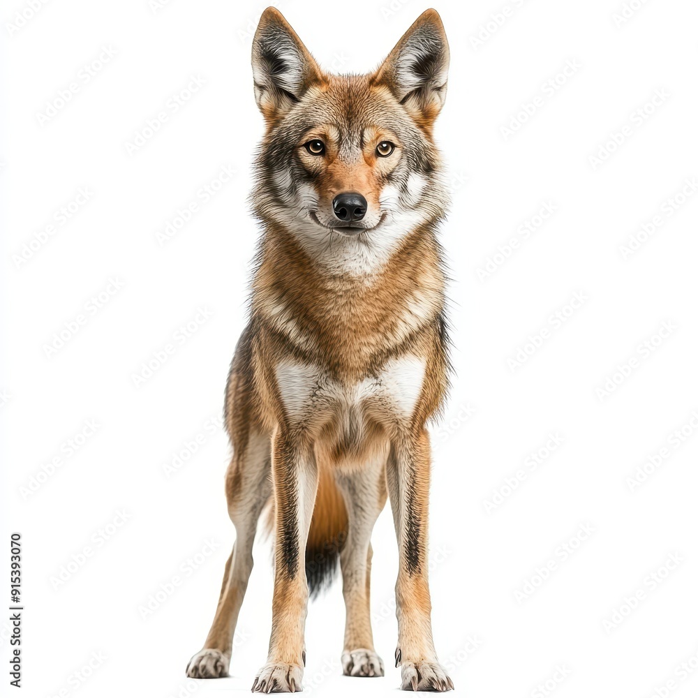 African golden wolf standing confidently against a white background African golden wolf standing confidently against a white background